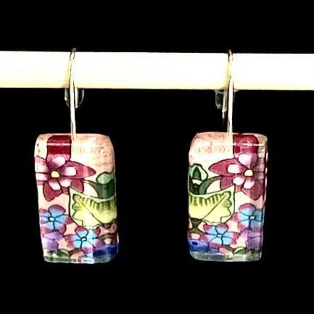 AQB Sterling Silver & Floral Acrylic Dangle Earrings